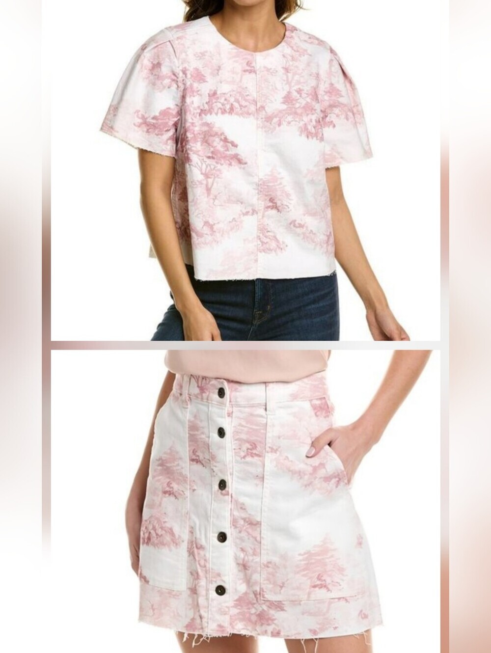 NWT Ted Baker Pink Toile Print Short Sleeve Top & Button-Front Mini Skirt Set 00